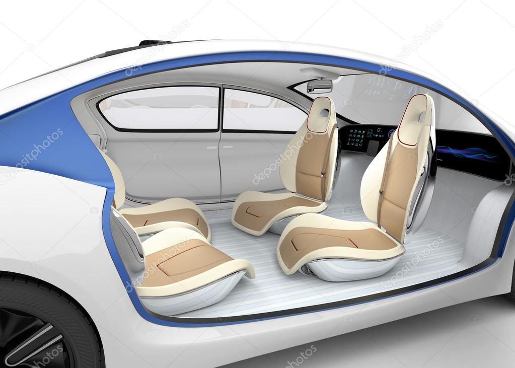 Autonomous car's interior concept. The car offer folding steering wheel, rotatable passenger seat.