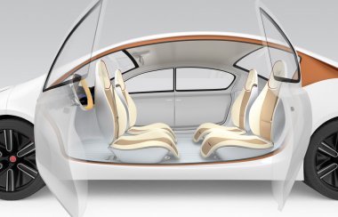 Özerk elektrikli otomobil yan görünüm. Direksiyon simidi, dönebilen yolcu koltuk katlama araba hizmeti.