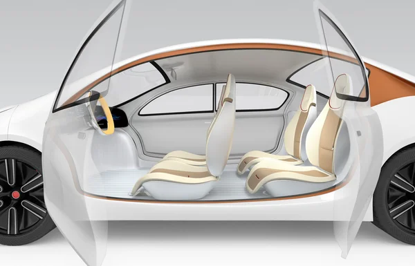 Side view of autonomous electric car. The car offer folding steering wheel, rotatable passenger seat.