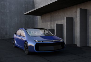 Geometrik nesneyi önünde mavi elektrikli otomobil