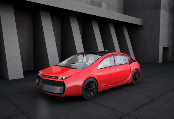 Vue avant de la voiture électrique rouge en face du bâtiment en béton . — Photo