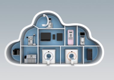 Medical imaging system and PACS server, 3D printer in cloud shape container. clipart