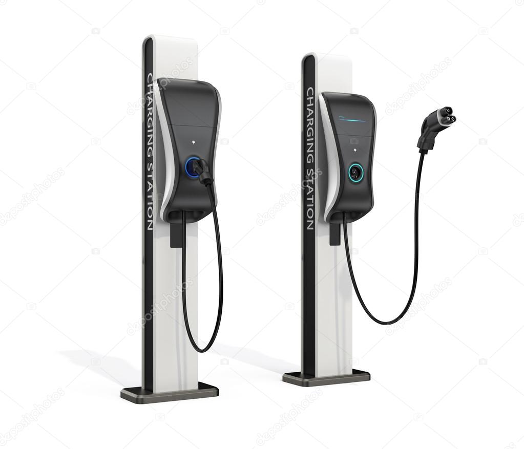 Electric vehicle charging station for public usage. Clipping path available.