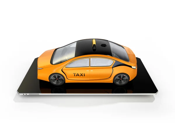 스마트 전화에 노란색 전기 택시입니다. 모바일 택시 주문 서비스에 대 한 개념. — 스톡 사진