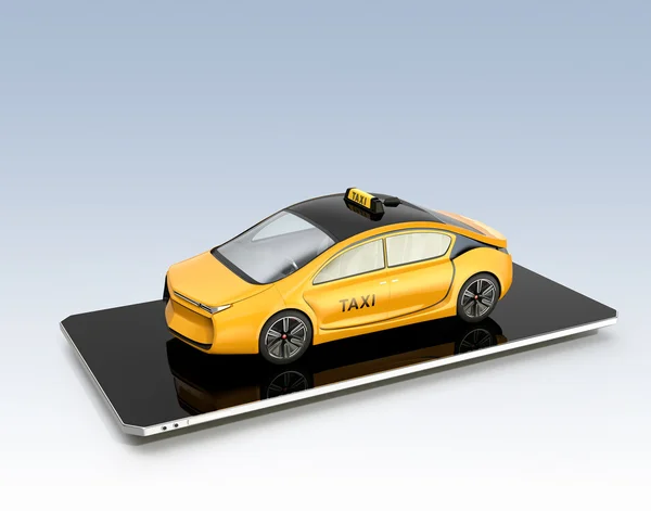 Yellow electric taxi on smart phone. Concept for mobile taxi order service. — Stock Photo, Image