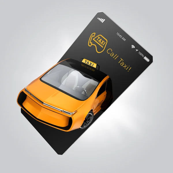 Gele elektrische taxi op slimme telefoon. Concept voor mobiele volgorde taxiservice. — Stockfoto