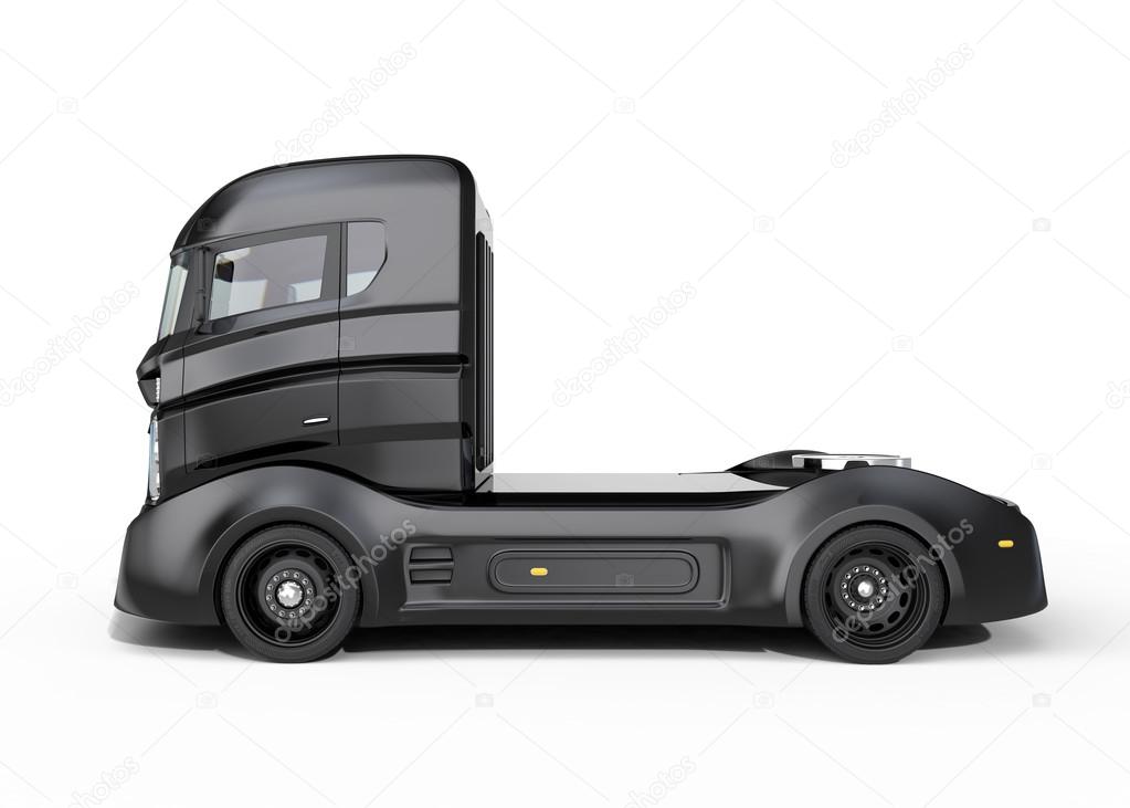 Side view of black hybrid electric truck isolated on white background