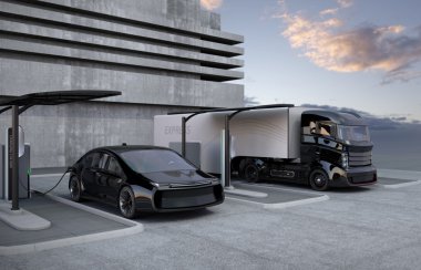 Hibrid elektrikli kamyon ve beyaz elektrikli araç şarj istasyonu içi