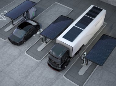 Hibrid elektrikli kamyon ve beyaz elektrikli araç şarj istasyonu içi