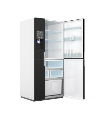 Beyaz arka plan üzerinde izole açılan buzdolabı. Kırpma yolu kullanılabilir.