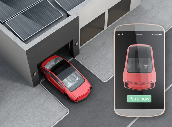 Auto parkeren bij automatische parkeren app concept — Stockfoto