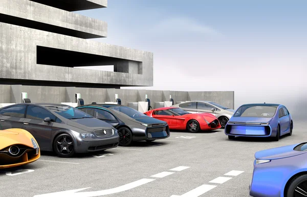 Blauwe elektrische auto op zoek naar gratis punt op parkeerplaats — Stockfoto
