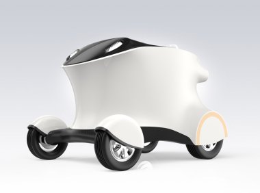 Kendi kendine sürüş teslimat robot araba kavramı. Robot-ebilmek taşımak pizza, hamburger sürücü olmadan. Kopya alanı beden elde edilebilir içinde