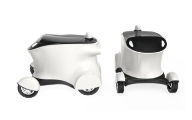 Kendi kendine sürüş teslimat robot araba kavramı. Robot-ebilmek taşımak pizza, hamburger sürücü olmadan. Kopya alanı beden elde edilebilir içinde