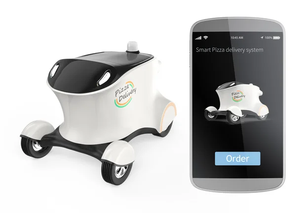 Самоуправляемый робот доставки и смартфон изолированы на белом фоне. Концепция заказа пиццы по смартфону и доставка на автомобиле-роботе — стоковое фото