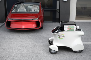 Özerk teslim robot pizza aldığın için bekleyen garajın önünde