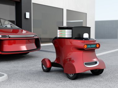 Özerk teslim robot pizza aldığın için bekleyen garajın önünde
