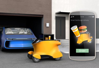 Özerk teslim robot hamburger aldığın için bekleyen garajın önünde. Akıllı telefon arayüzü'sol tarafında hamburger dır