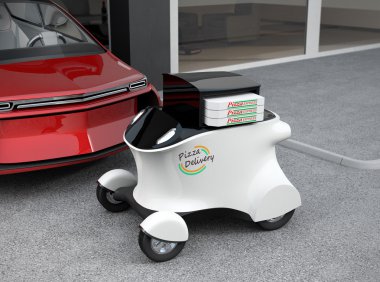 Özerk teslim robot pizza aldığın için bekleyen garajın önünde