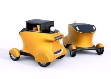 İki özerk hamburger teslim robot araba beyaz arka plan üzerinde izole