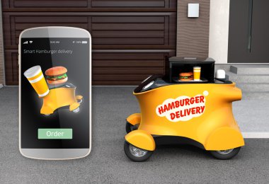 Özerk teslim robot hamburger aldığın için bekleyen garajın önünde. Akıllı telefon arayüzü'sol tarafında hamburger dır