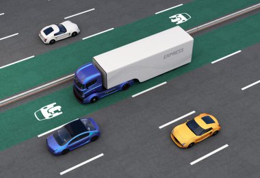 Hybrid truck on EV priority lane. Concept for EV priority traffic on highway clipart