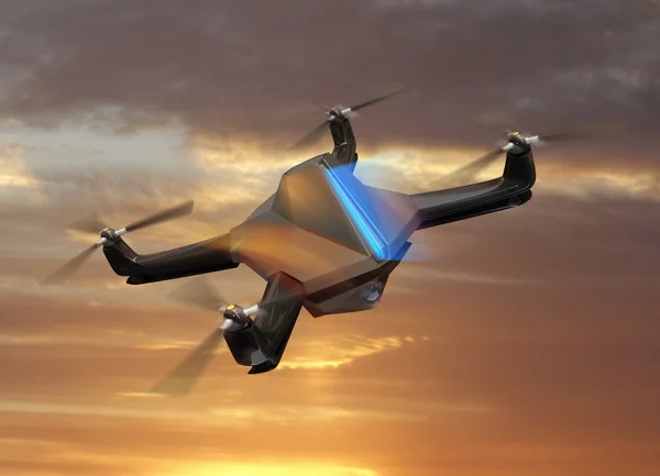Autonomous unmanned drone with surveillance camera flying in sunset sky. — Stock Photo, Image