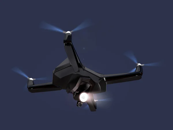 Dron sigiloso equipado con luz de búsqueda volando en el cielo nocturno — Foto de Stock