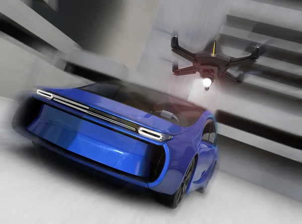 Stealth drone chasing car in the sky — Stock Photo, Image