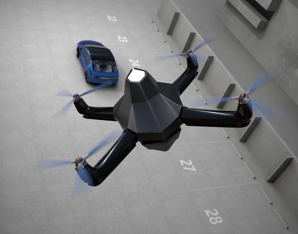 跟踪在天空中的一辆车的隐身无人机 — 图库照片