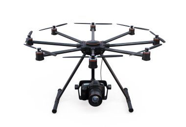 Octocopter beyaz arka plan üzerinde izole Dslr fotoğraf makinesi ile önden görünümü