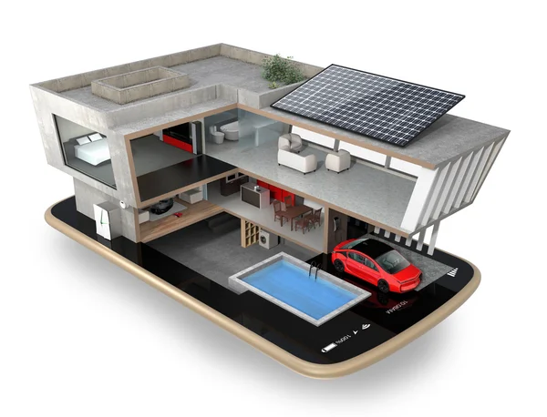 Casa de eficiencia energética en un teléfono inteligente. Concepto para la automatización del hogar controlado por teléfono inteligente — Foto de Stock