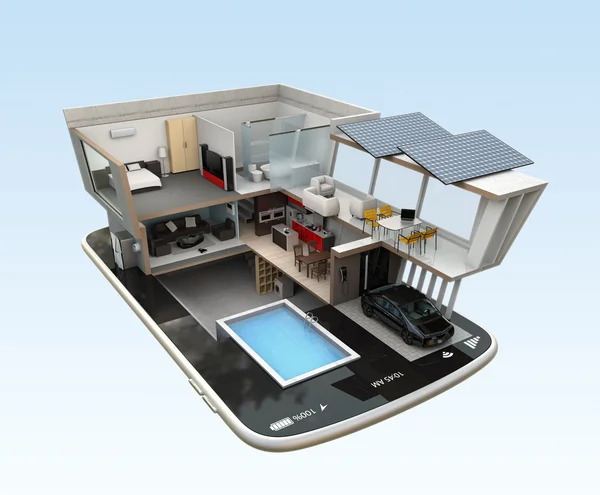 Energy-Efficient house on a smart phone. Concept for home automation controlled by smart phone — Stock Photo, Image