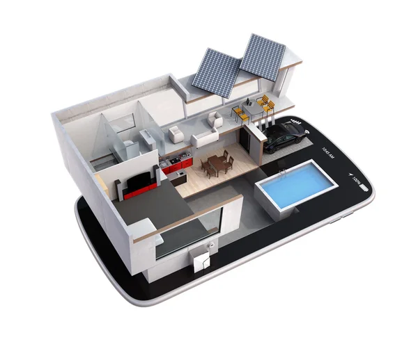 Casa ad alta efficienza energetica su uno smartphone. Concetto per la domotica controllato da smartphone — Foto Stock