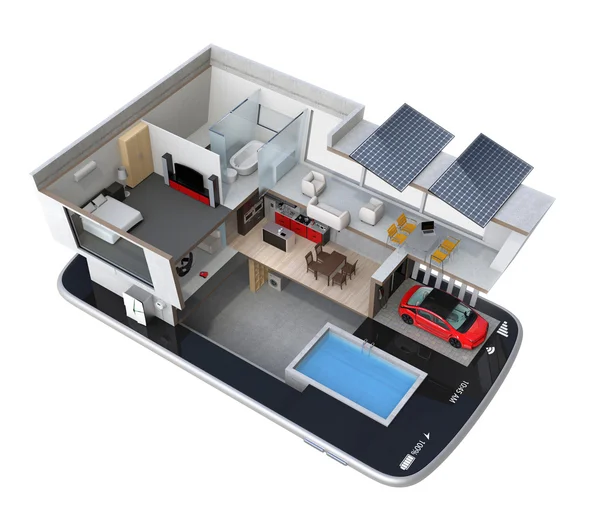 Casa de eficiencia energética en un teléfono inteligente. Concepto para la automatización del hogar controlado por teléfono inteligente — Foto de Stock