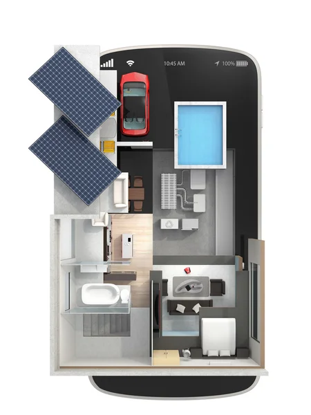 एक स्मार्ट फोन पर ऊर्जा कुशल घर का शीर्ष दृश्य। स्मार्ट फोन द्वारा नियंत्रित घर स्वचालन के लिए अवधारणा — स्टॉक फ़ोटो, इमेज