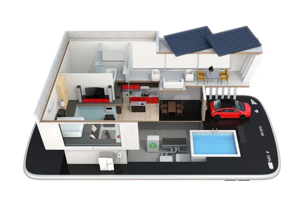 スマート フォンでエネルギー効率の良い家。スマート フォンによって制御されるホーム ・ オートメーションの概念 — ストック写真