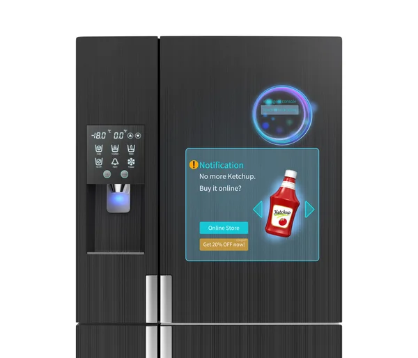 Концепция умных холодильников. Экран на двери отображает информацию о толчке — стоковое фото