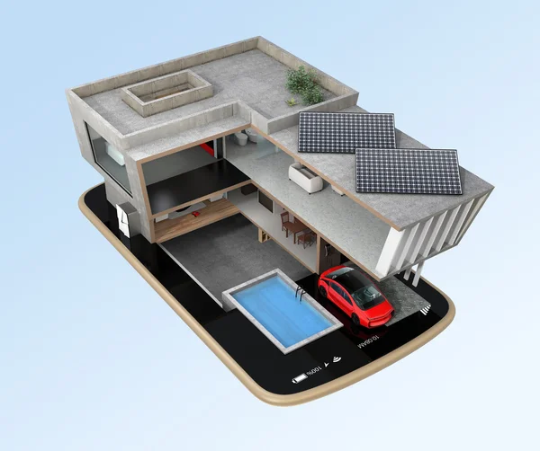 एक स्मार्ट फोन पर ऊर्जा कुशल घर। स्मार्ट फोन द्वारा नियंत्रित घर स्वचालन के लिए अवधारणा — स्टॉक फ़ोटो, इमेज