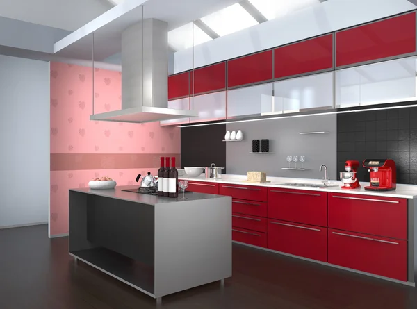 Modern kitchen interior with pink monstera wallpaper — Stock Photo, Image