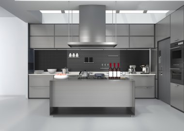 Modern mutfak iç akıllı aletleri gümüş renk koordinasyonu ile