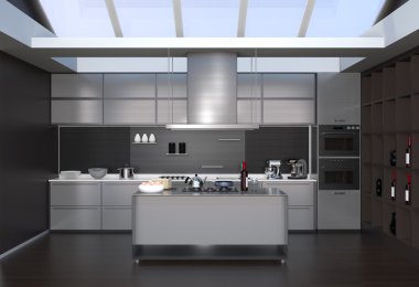 Modern mutfak iç akıllı aletleri gümüş renk koordinasyonu ile