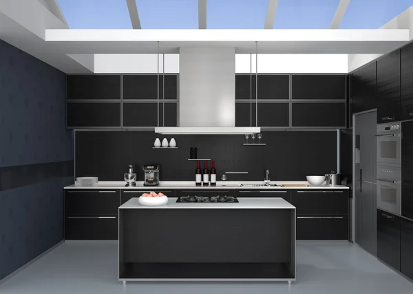 Interior de cocina moderna con electrodomésticos inteligentes en coordinación de color negro — Foto de Stock