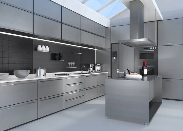 Interior de cozinha moderna com aparelhos inteligentes em coordenação de cor prata — Fotografia de Stock