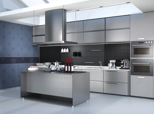 Intérieur de cuisine moderne avec appareils intelligents dans la coordination des couleurs argentées — Photo