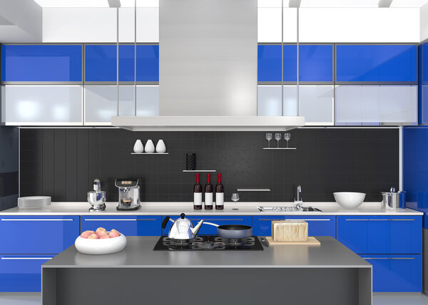 Modern kitchen interior with smart appliances in blue color coordination