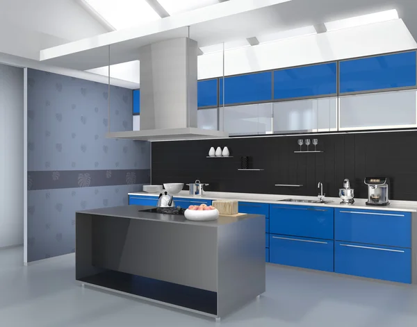 Interior de cocina moderna con electrodomésticos inteligentes en coordinación de color azul —  Fotos de Stock
