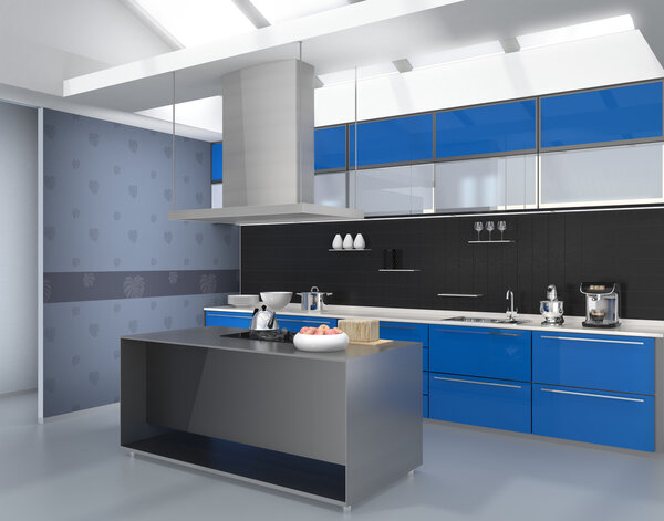 Modern kitchen interior with smart appliances in blue color coordination