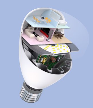 Ev aletleri ve bir Led ampul mobilya. Ekoloji hayat kavramı