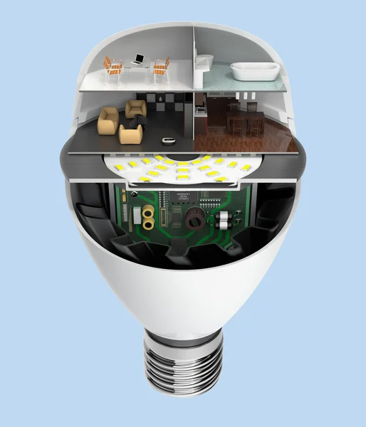 Eletrodomésticos e móveis em uma lâmpada LED. Conceito de vida ecológica — Fotografia de Stock